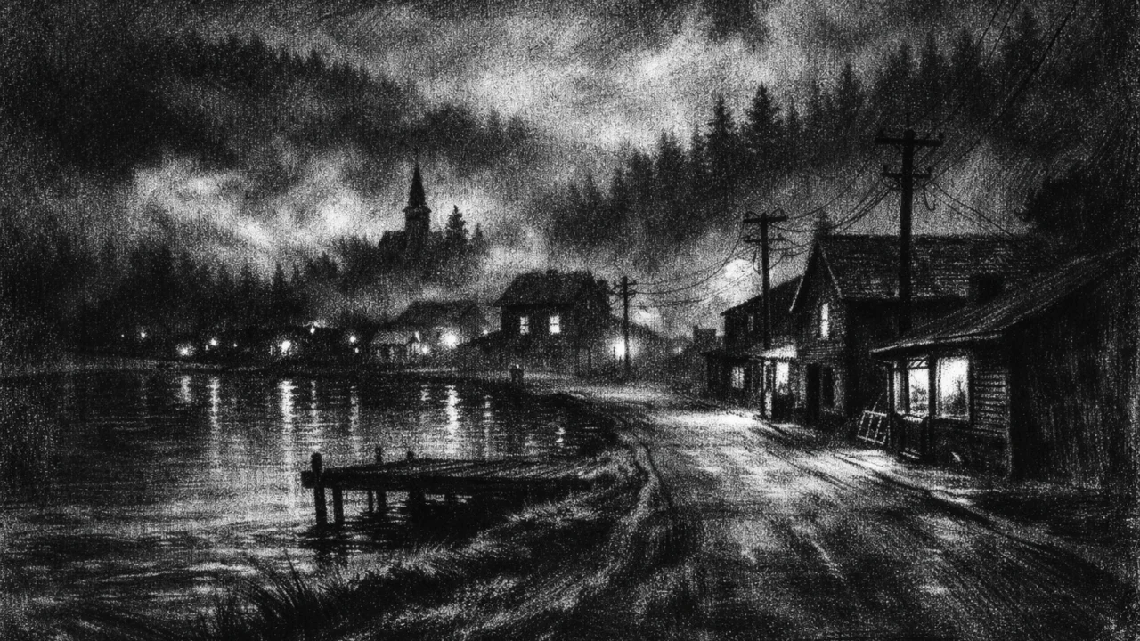 Atmosferski pejzaž u charcoal film noir stilu, crno-bijeli prikaz tihog gradića uz vodu noću, magla i duboke sjene stvaraju osjećaj izolacije i nelagode.