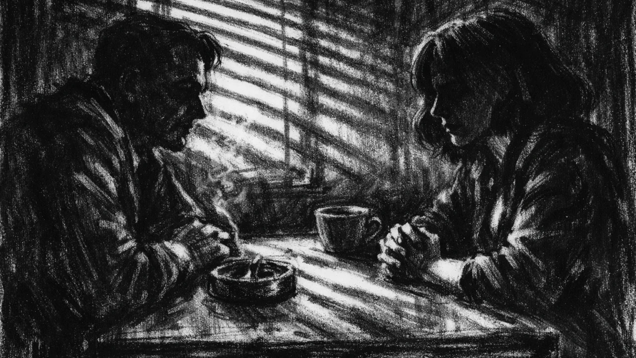Intimna scena razgovora dvoje ljudi u zatvorenom prostoru, naglašene sjene i napetost, charcoal film noir stil, crno-bijela estetika.