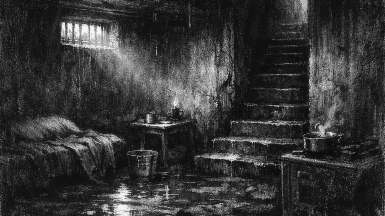 Polupodrumski prostor s malim prozorom i stubištem prema gore, osjećaj skučenosti i čežnje, charcoal film noir stil, crno-bijelo s dubokim sjenama.