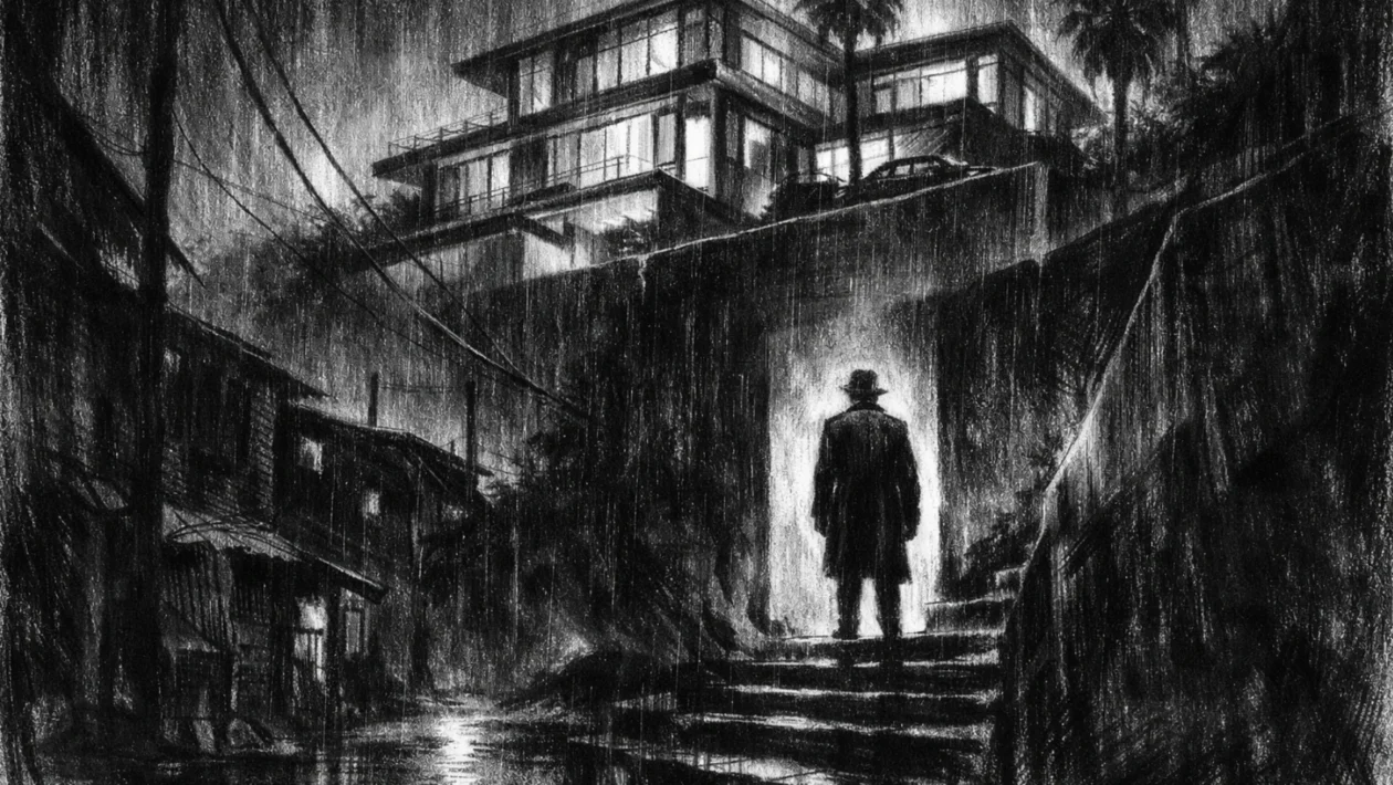 Filmski poster s modernom kućom i samotnom figurom između svjetla i sjene, u charcoal film noir stilu, crno-bijelo, snažan kontrast i tjeskobna atmosfera.