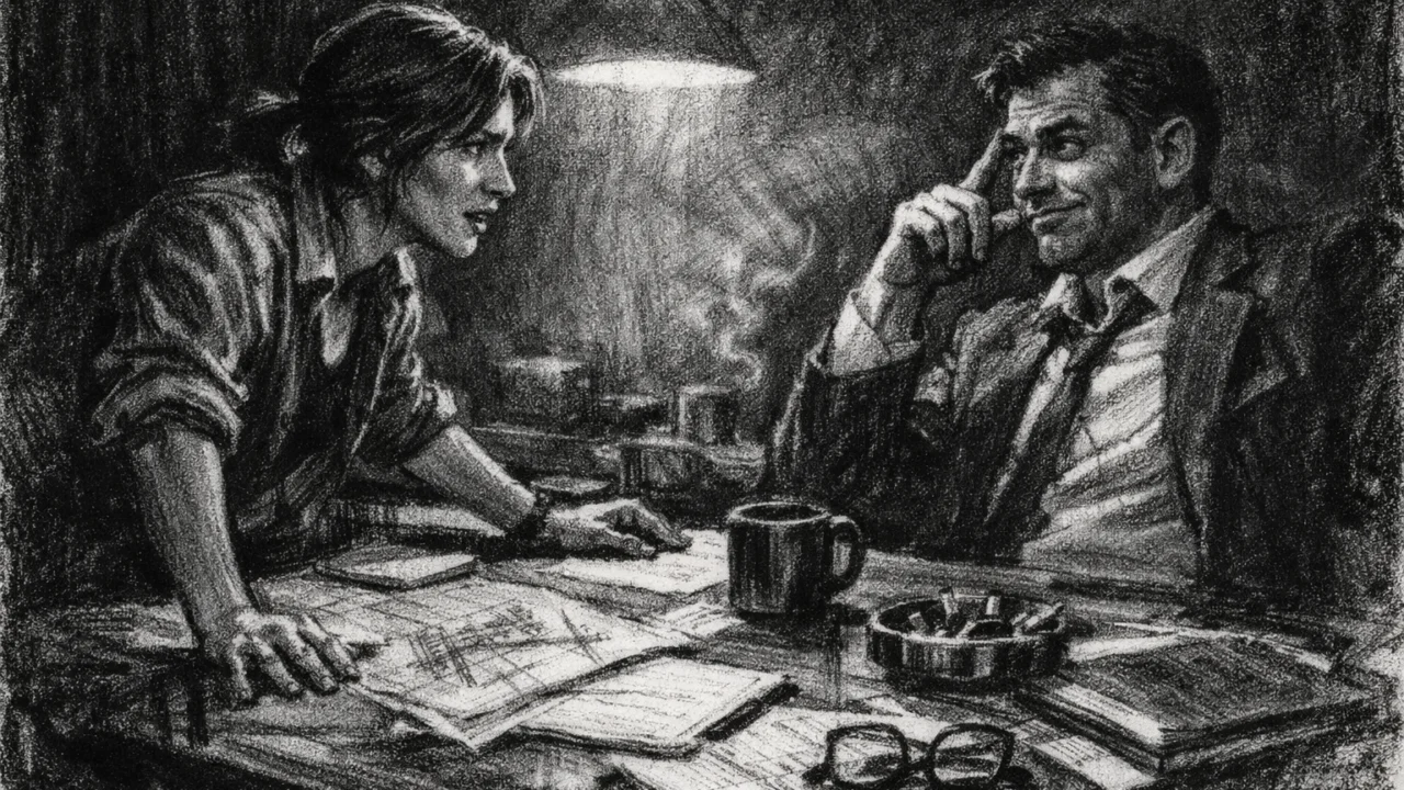 Dvoje ljudi u ozbiljnom razgovoru za stolom, naglašene geste i emocije, crtež ugljenom u charcoal film noir stil, crno-bijela scena s visokim kontrastom i intimnom atmosferom