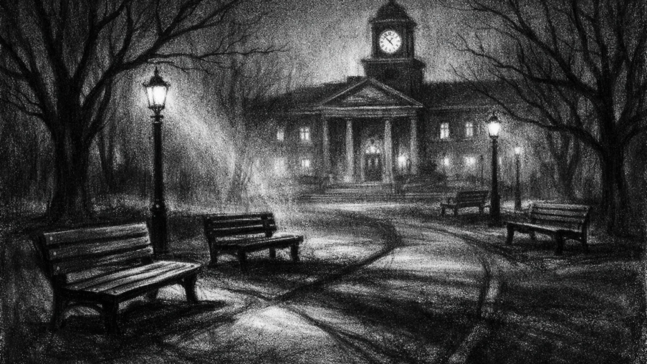 Noćni javni park s klupama i zgradom u pozadini, tiha i simbolična scena zajednice, crtež ugljenom u charcoal film noir stil, crno-bijelo s dubokim sjenama i ugođajem smirenosti