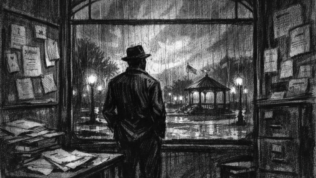 Hero poster s usamljenom figurom u općinskom uredu, mali grad i park u pozadini, crtež ugljenom u charcoal film noir stil, crno-bijelo s dubokim sjenama i melankoličnom, ali optimističnom atmosferom