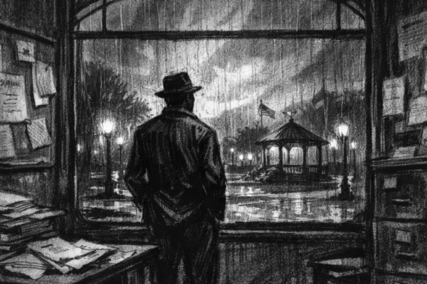 Hero poster s usamljenom figurom u općinskom uredu, mali grad i park u pozadini, crtež ugljenom u charcoal film noir stil, crno-bijelo s dubokim sjenama i melankoličnom, ali optimističnom atmosferom