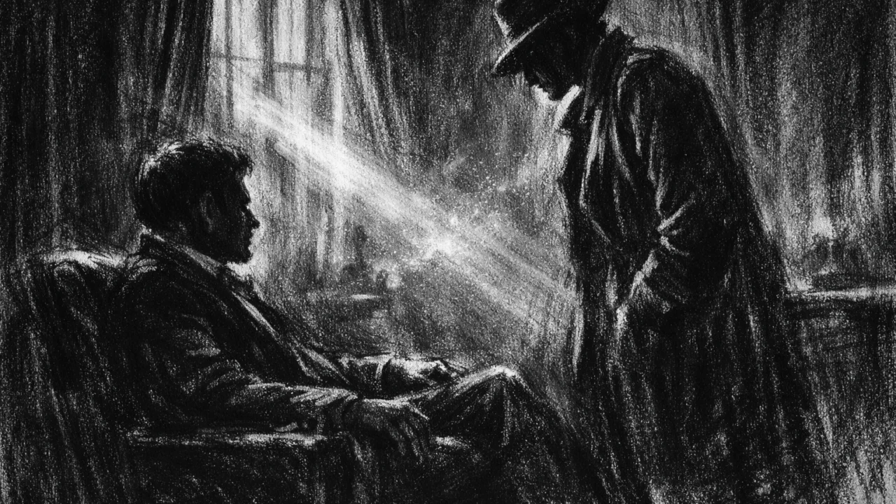 Intimna scena razgovora u mračnoj prostoriji, charcoal film noir stil, snažan kontrast i napeta atmosfera