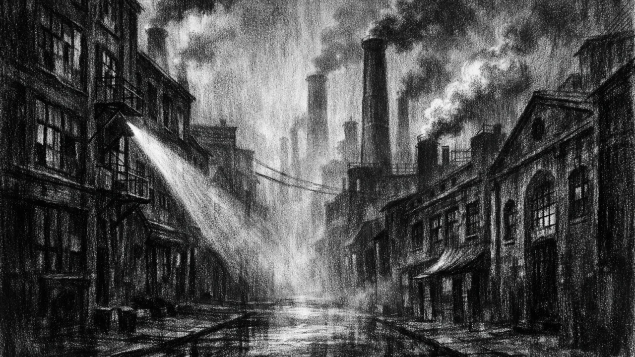 Mračni industrijski pejzaž bez ljudi, charcoal film noir stil, crno-bijeli kontrasti i turobna atmosfera