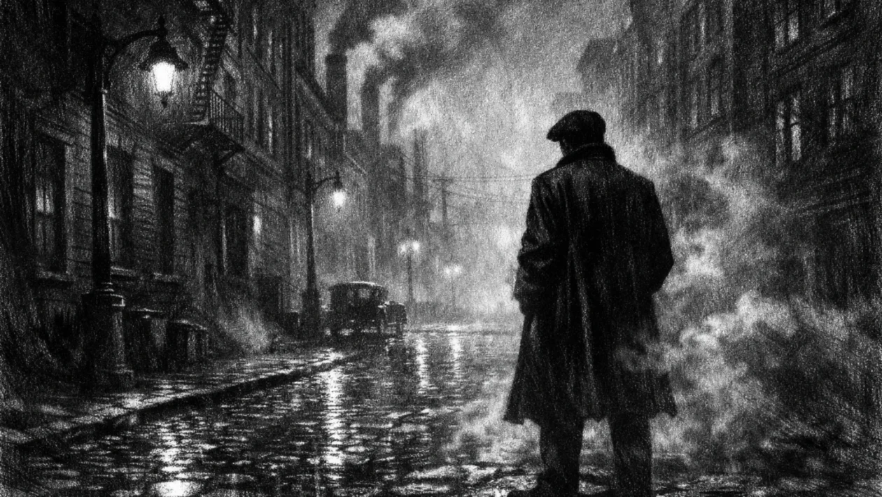 Filmski poster s usamljenom figurom u industrijskom gradu, charcoal film noir stil, crno-bijelo, duboke sjene i mračna atmosfera