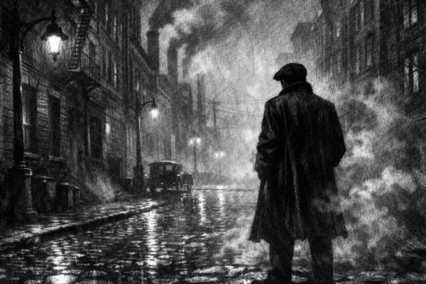 Filmski poster s usamljenom figurom u industrijskom gradu, charcoal film noir stil, crno-bijelo, duboke sjene i mračna atmosfera