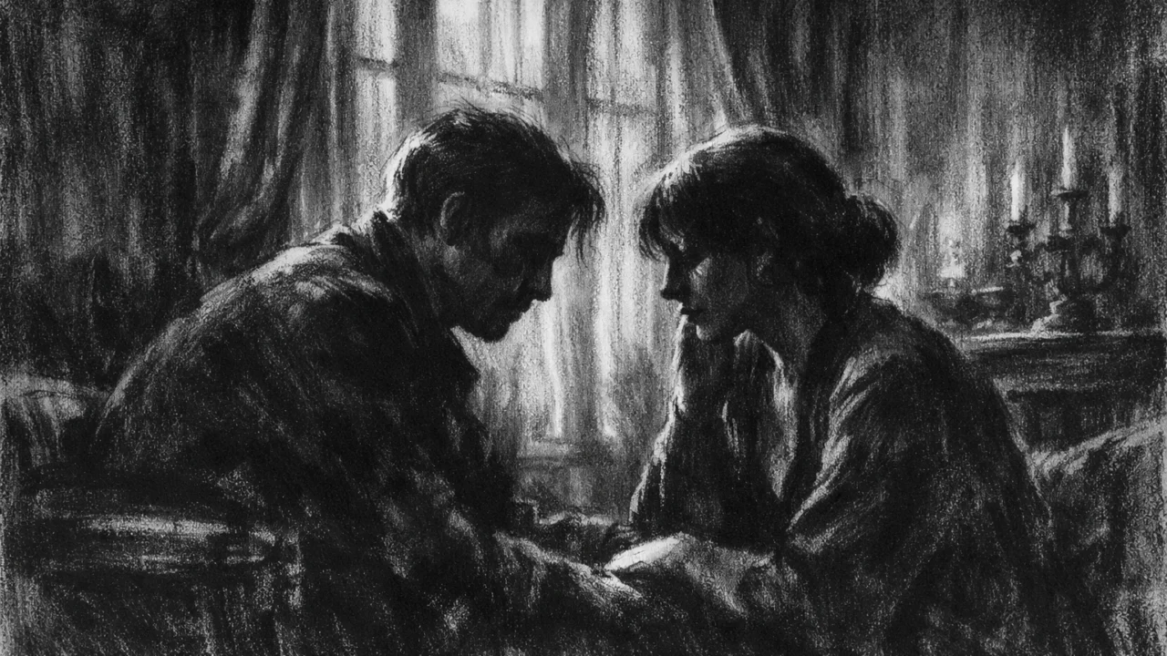 Intimna scena razgovora u interijeru, charcoal film noir stil, crno-bijelo s jakim kontrastom, duboke sjene i tiha emocionalna napetost