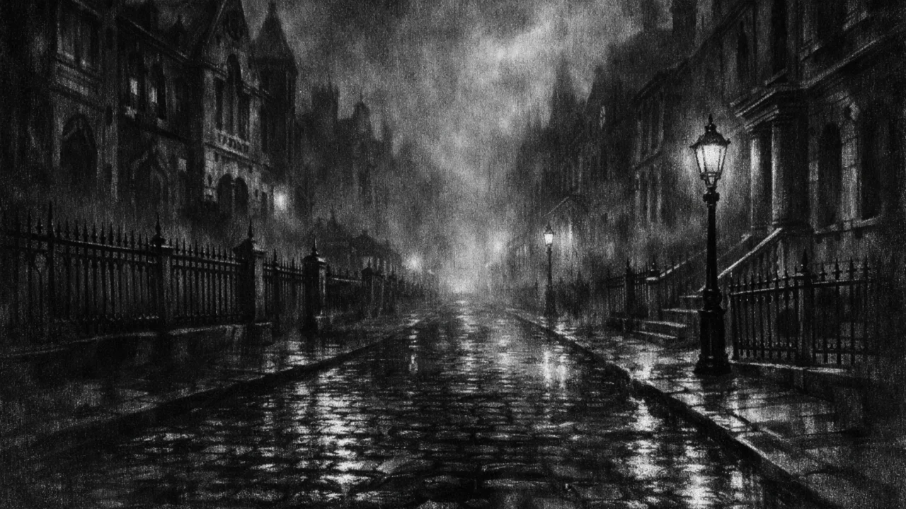Atmosferski gradski pejzaž bez ljudi, charcoal film noir stil, crno-bijela viktorijanska ulica u magli s dubokim sjenama i sumornim ugođajem