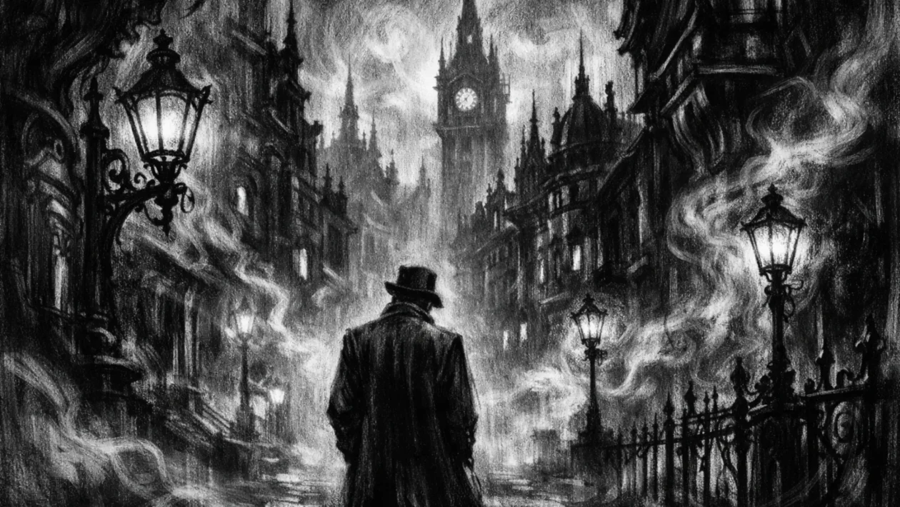 Kinematografski poster u charcoal film noir stilu, crno-bijeli prizor s dubokim sjenama, usamljena figura u maglovitoj viktorijanskoj ulici, melankolična i mračna atmosfera