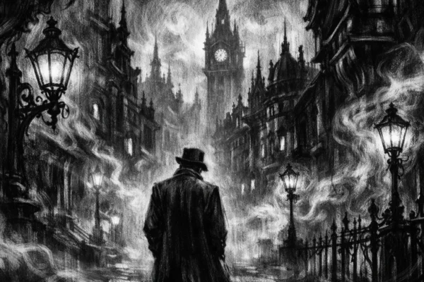 Kinematografski poster u charcoal film noir stilu, crno-bijeli prizor s dubokim sjenama, usamljena figura u maglovitoj viktorijanskoj ulici, melankolična i mračna atmosfera