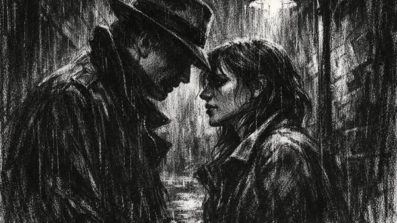 Dvoje ljudi u tihom razgovoru pod uličnim svjetlom, prikazano u charcoal film noir stilu s jakim kontrastom i melankoličnom atmosferom.
