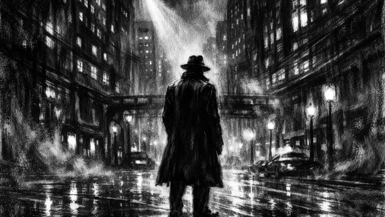 Filmski poster u charcoal film noir stilu, crno-bijeli grad noću s usamljnom figurom u dubokim sjenama i dramatičnom rasvjetom.