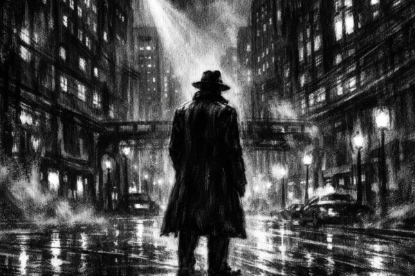 Filmski poster u charcoal film noir stilu, crno-bijeli grad noću s usamljnom figurom u dubokim sjenama i dramatičnom rasvjetom.