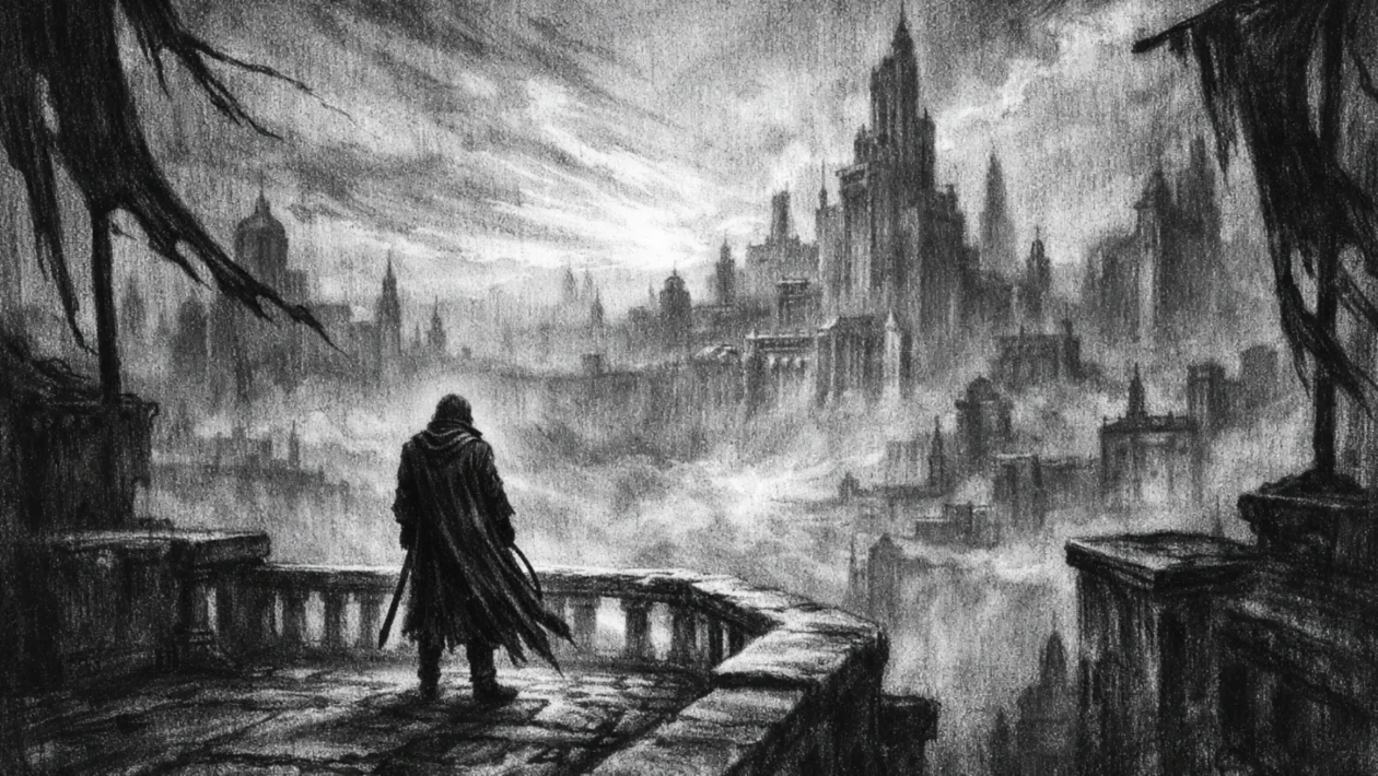 Filmski poster s usamljenom figurom iznad drevnog grada, snažne sjene i maglovita atmosfera u charcoal film noir stilu