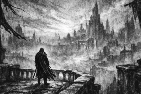 Filmski poster s usamljenom figurom iznad drevnog grada, snažne sjene i maglovita atmosfera u charcoal film noir stilu