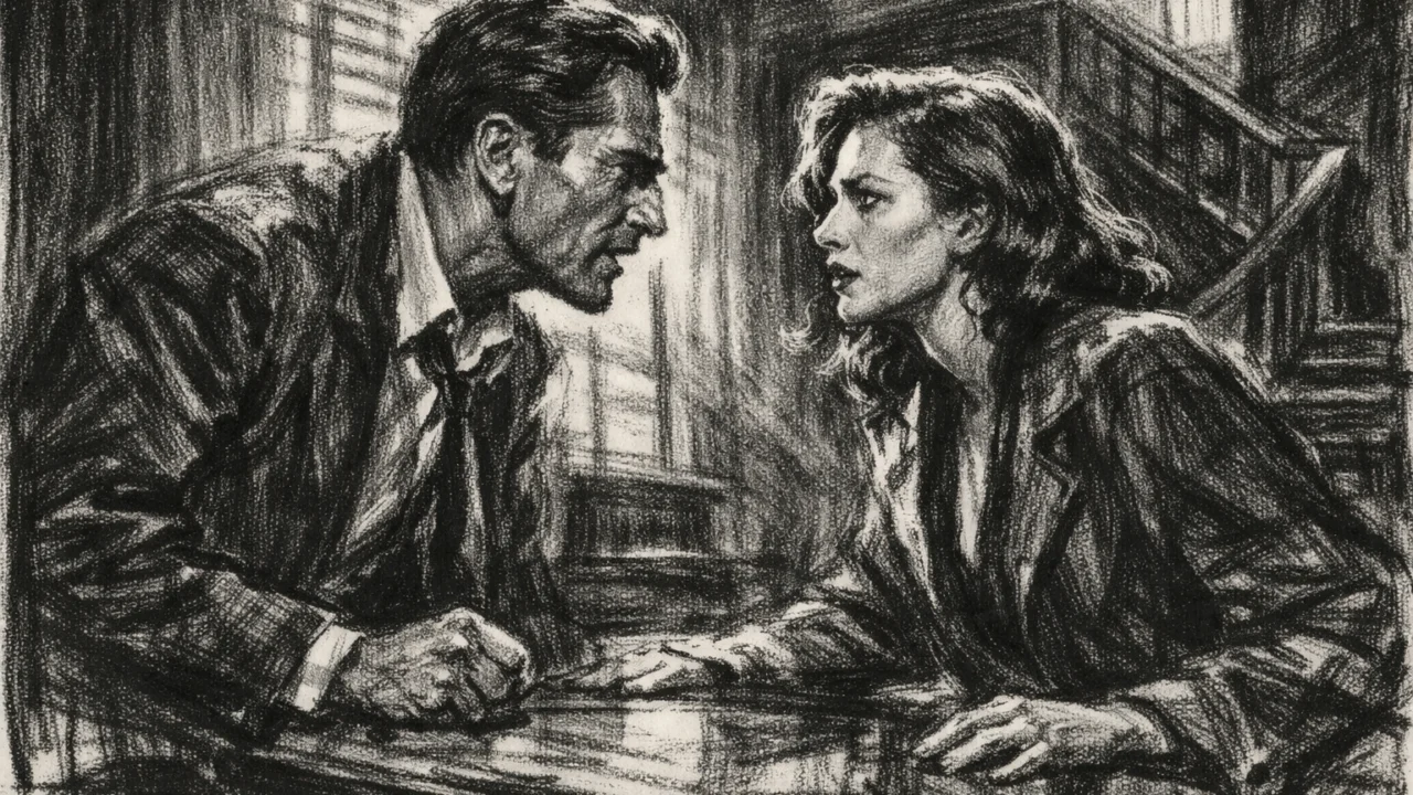 Dramska scena u charcoal film noir stilu