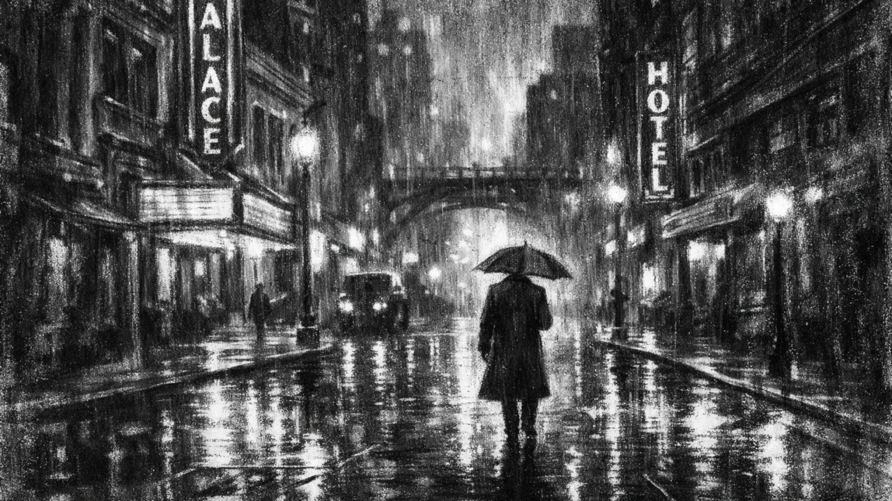 Atmosferska urbana ilustracija u charcoal film noir stilu