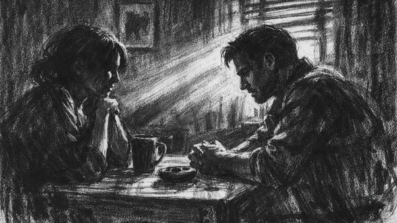 Intimna scena dvoje ljudi u tišini, snažan emocionalni naboj, charcoal film noir stil s naglašenim sjenama i kontrastom.