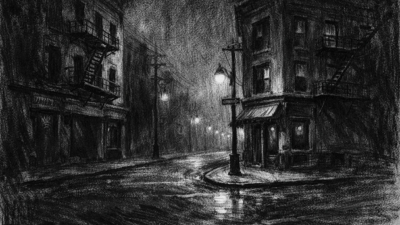 Atmosferski urbani pejzaž bez ljudi, noćna ulica u sjeni, charcoal film noir stil, mračan i melankoličan ugođaj.