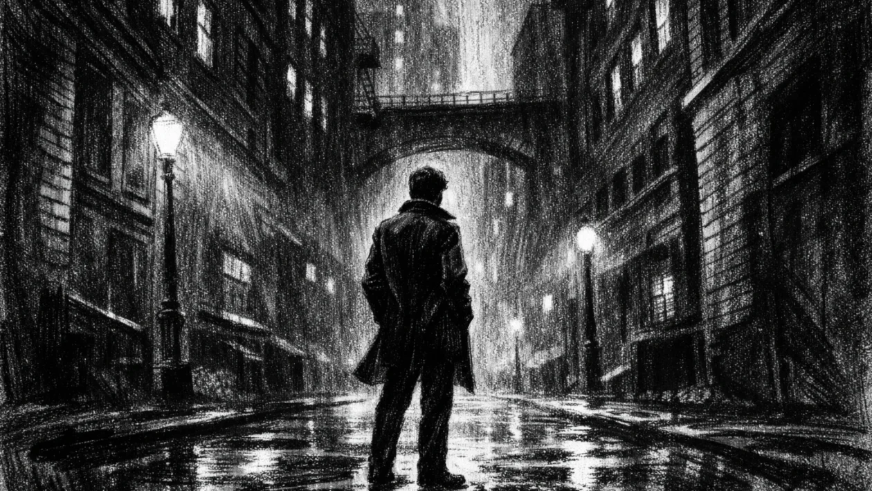 Kinematografski poster s usamljenom figurom u urbanom okruženju, charcoal film noir stil, crno-bijelo, duboke sjene i turobna atmosfera.