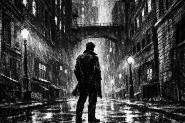 Kinematografski poster s usamljenom figurom u urbanom okruženju, charcoal film noir stil, crno-bijelo, duboke sjene i turobna atmosfera.
