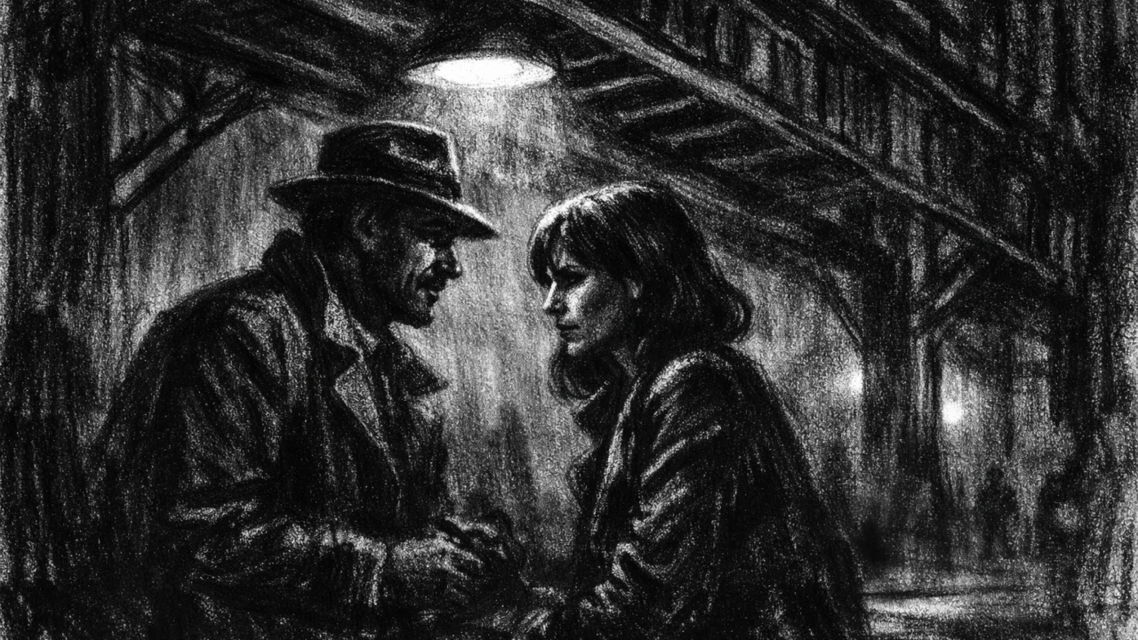 Dvoje ljudi u napetom razgovoru pod noćnom rasvjetom, izražene sjene i atmosfera u charcoal film noir stilu.