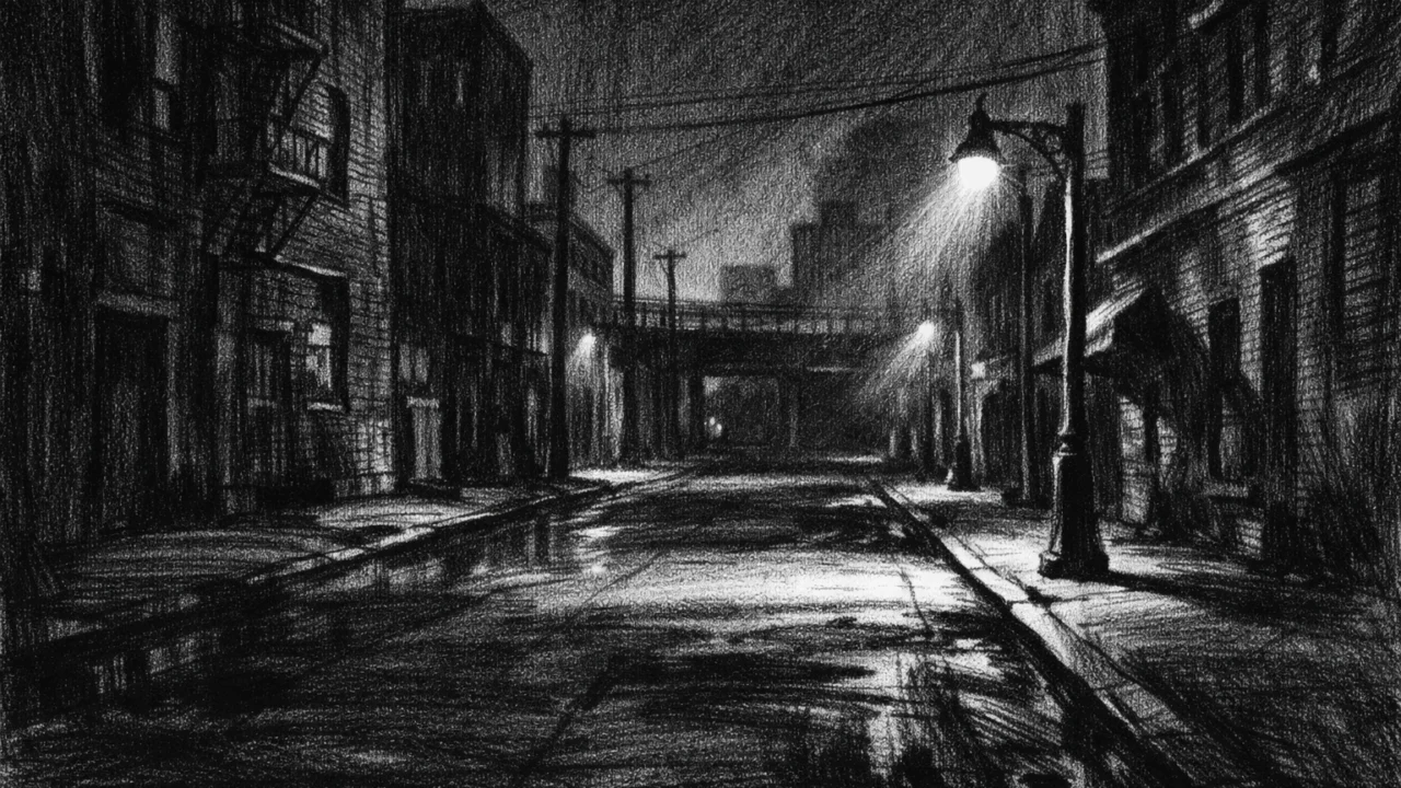 Prazna industrijska ulica noću s jakim kontrastima svjetla i tame, prikazana u charcoal film noir stilu.