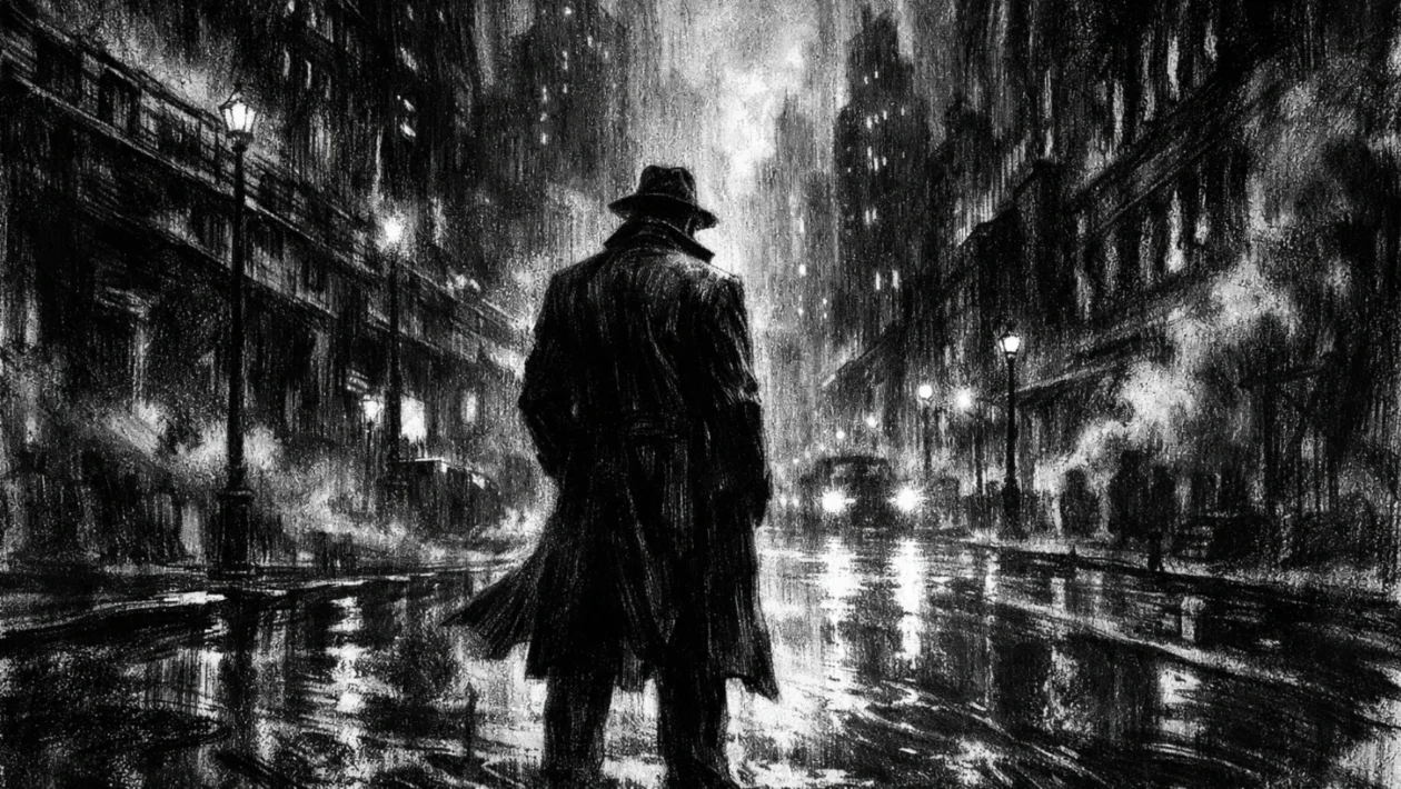 Kinematografski poster s usamljenom figurom u mračnom urbanom prostoru, snažne sjene i kontrast u charcoal film noir stilu.