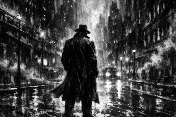 Kinematografski poster s usamljenom figurom u mračnom urbanom prostoru, snažne sjene i kontrast u charcoal film noir stilu.
