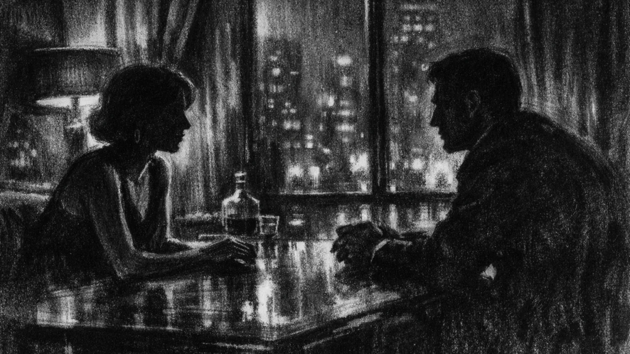 Dvoje ljudi u tihom razgovoru u mračnom interijeru, izražene sjene i emotivna napetost, charcoal film noir stil.