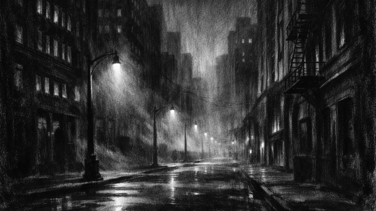 Noćni urbani pejzaž bez ljudi, duboke sjene i maglovita svjetla grada, charcoal film noir stil.