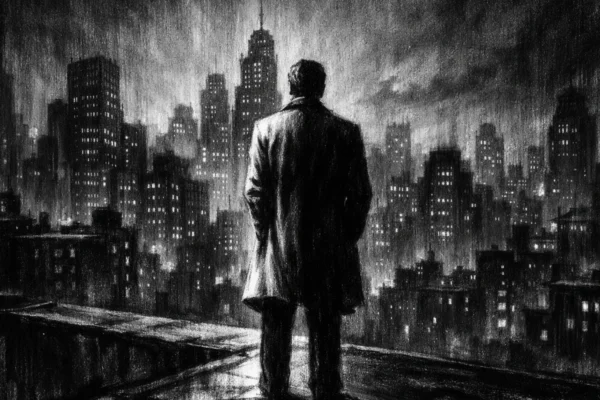 Filmski poster s usamljenom figurom na krovu grada, snažne sjene i kontrasti, charcoal film noir stil u crno-bijeloj atmosferi.
