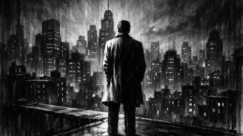 Filmski poster s usamljenom figurom na krovu grada, snažne sjene i kontrasti, charcoal film noir stil u crno-bijeloj atmosferi.
