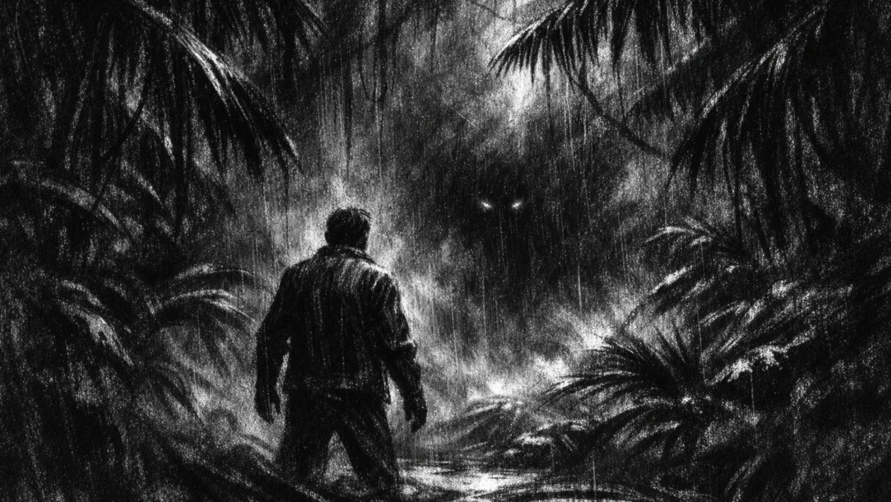Plakat s usamljena figura u džungli, snažna atmosfera napetosti i straha, charcoal film noir stil, crno-bijelo, duboke sjene i dramatično osvjetljenje.