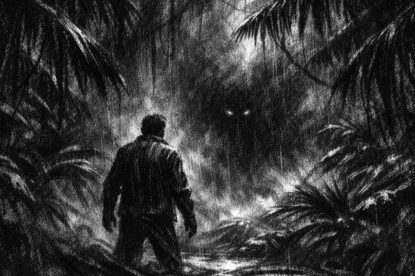 Plakat s usamljena figura u džungli, snažna atmosfera napetosti i straha, charcoal film noir stil, crno-bijelo, duboke sjene i dramatično osvjetljenje.