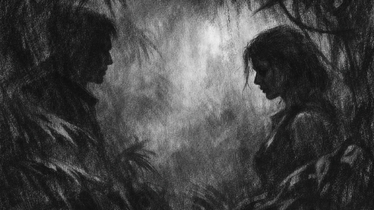 Dvije siluete u mračnoj džungli, osjećaj nepovjerenja i tjeskobe, charcoal film noir stil, crno-bijela paleta s jakim kontrastom.