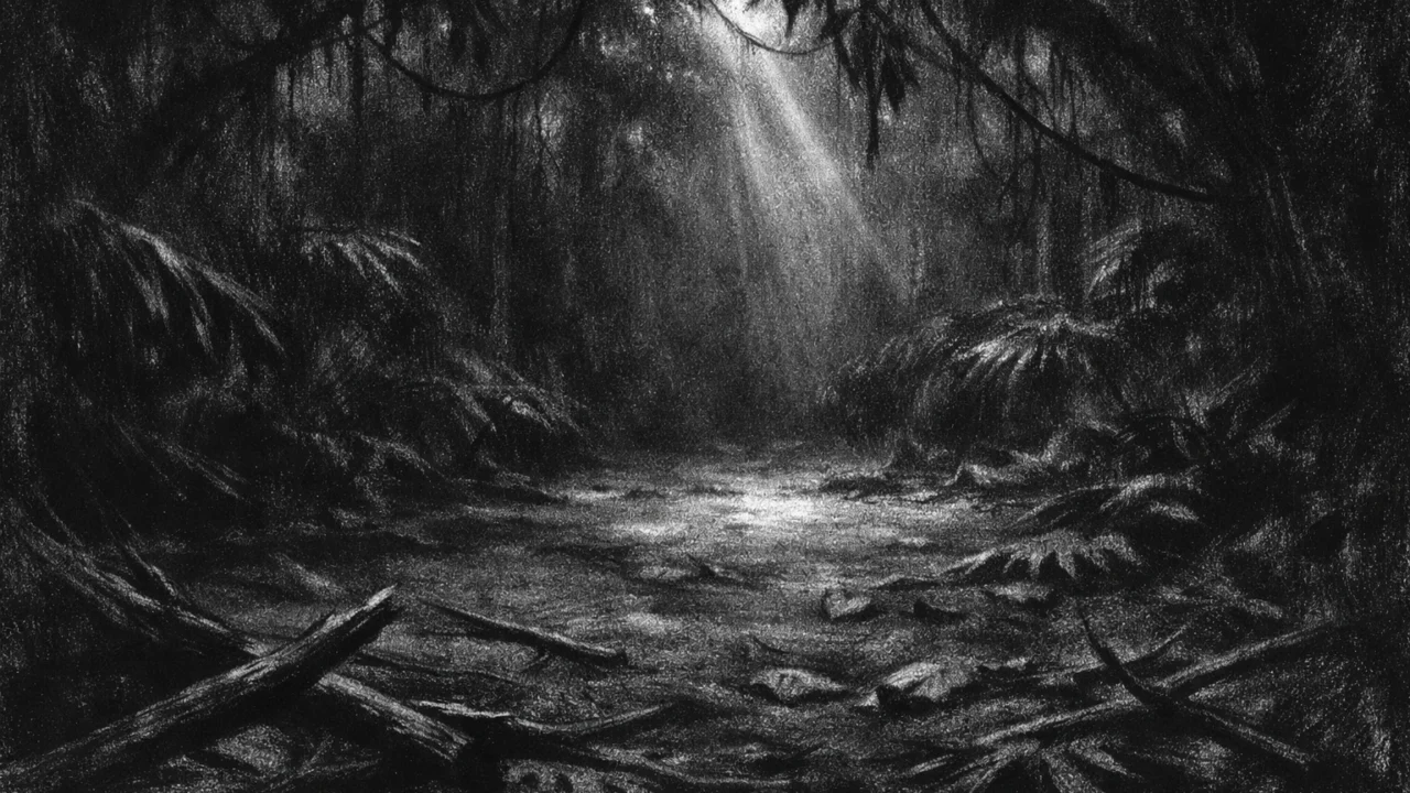 Prazna džungla obavijena sjenama i mjesečinom, simbolična prijetnja bez lika, charcoal film noir stil, visoki kontrast i mračna atmosfera.