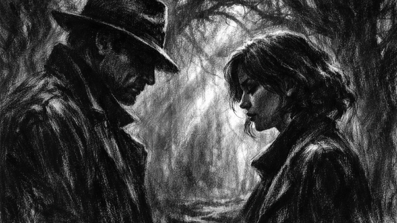 Intimna emocionalna scena u charcoal film noir stilu, crno-bijela kompozicija s dvoje ljudi u sjeni šume, snažan osjećaj napetosti i empatije.