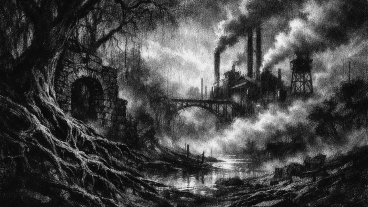 Atmosferski pejzaž u charcoal film noir stilu, crno-bijela scena šume koja se stapa s industrijskim elementima, snažna simbolika i melankolična atmosfera.