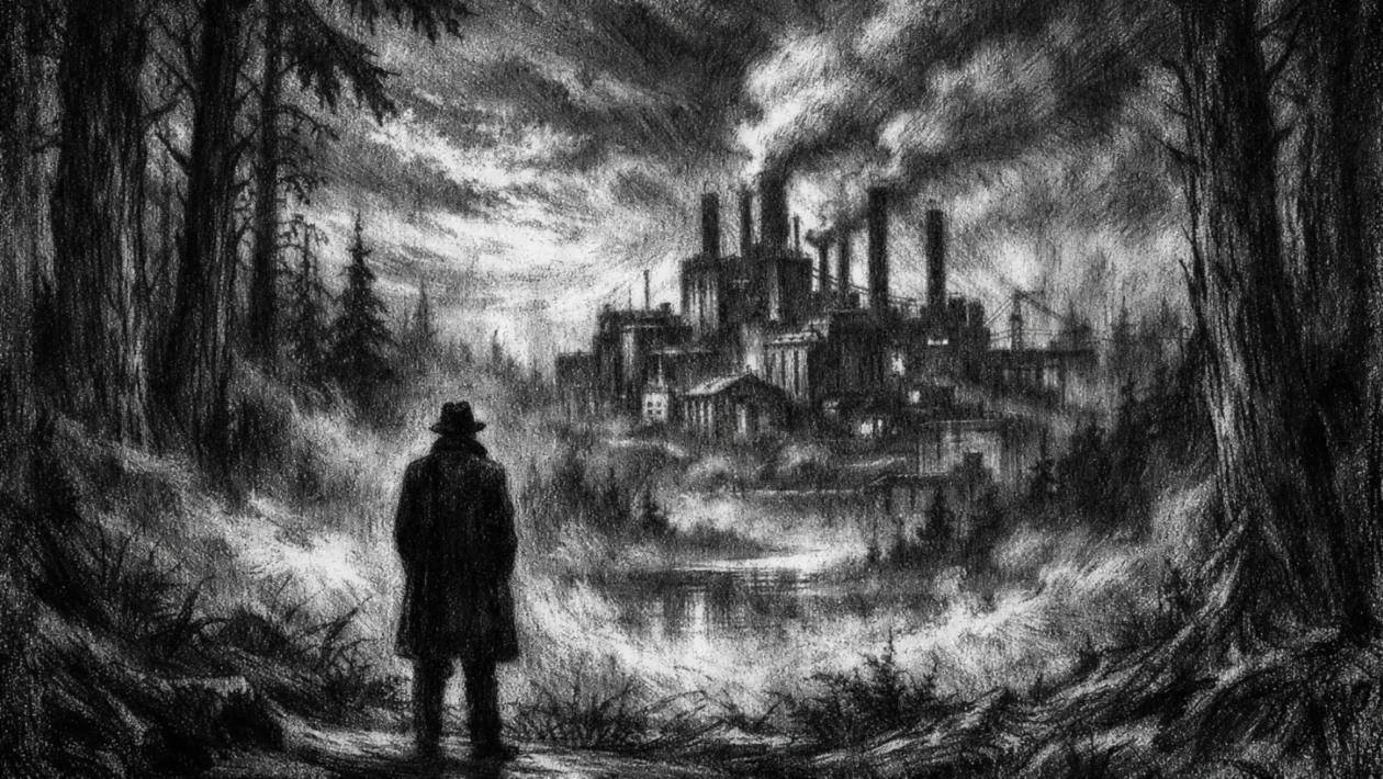 Cinematična poster scena u charcoal film noir stilu, crno-bijela slika s dubokim sjenama, usamljena figura između šume i naselja, naglašena atmosfera unutarnjeg sukoba i ravnoteže.