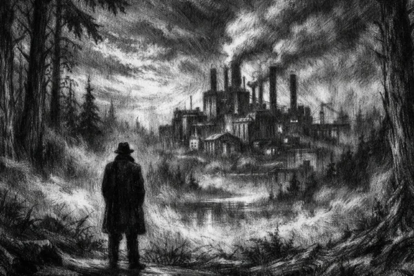 Cinematična poster scena u charcoal film noir stilu, crno-bijela slika s dubokim sjenama, usamljena figura između šume i naselja, naglašena atmosfera unutarnjeg sukoba i ravnoteže.