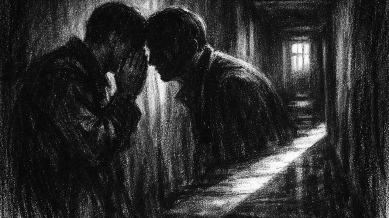 Intimna scena razgovora u hodniku, prikazana u charcoal film noir stilu, s jakim kontrastom svjetla i sjene te osjećajem paranoje i povjerenja.