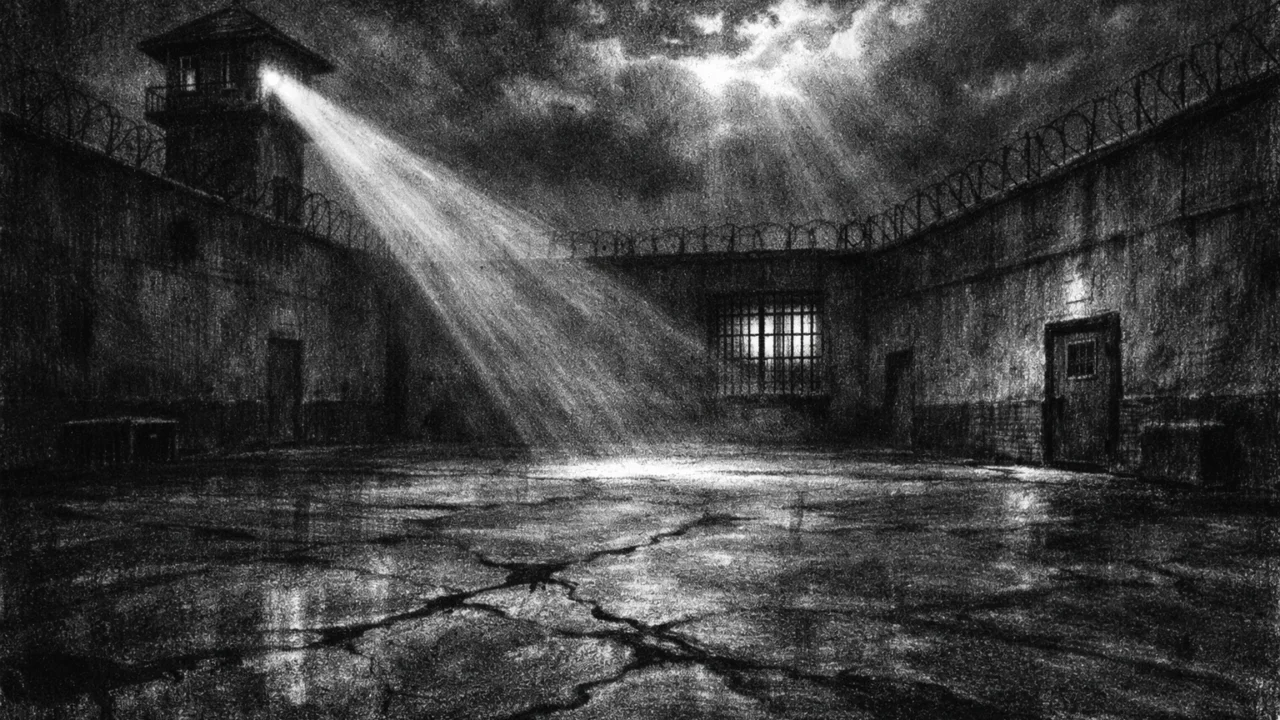 Atmosferski prikaz zatvorenog dvorišta u charcoal film noir stilu, crno-bijela kompozicija s dubokim sjenama koja simbolizira beznađe i nadu.