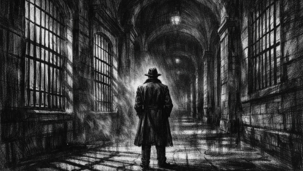 Kinematografski poster u charcoal film noir stilu, crno-bijela scena s dubokim sjenama i monumentalnom arhitekturom koja stvara osjećaj napetosti i zatočenosti.