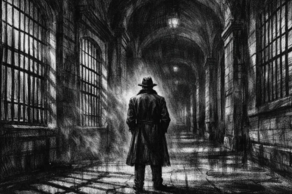Kinematografski poster u charcoal film noir stilu, crno-bijela scena s dubokim sjenama i monumentalnom arhitekturom koja stvara osjećaj napetosti i zatočenosti.