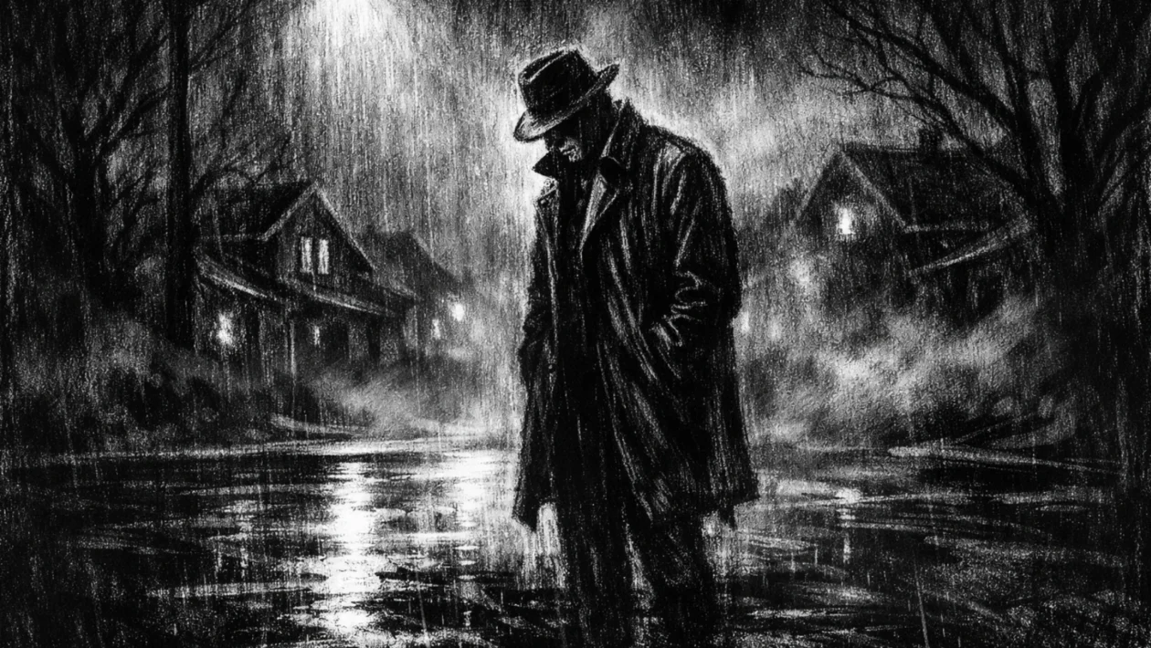Cinematični prizor u charcoal film noir stilu, crno-bijela atmosfera s dubokim sjenama i snažnim kontrastom, usamljena figura u kišnoj ulici