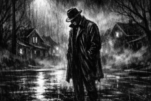 Cinematični prizor u charcoal film noir stilu, crno-bijela atmosfera s dubokim sjenama i snažnim kontrastom, usamljena figura u kišnoj ulici