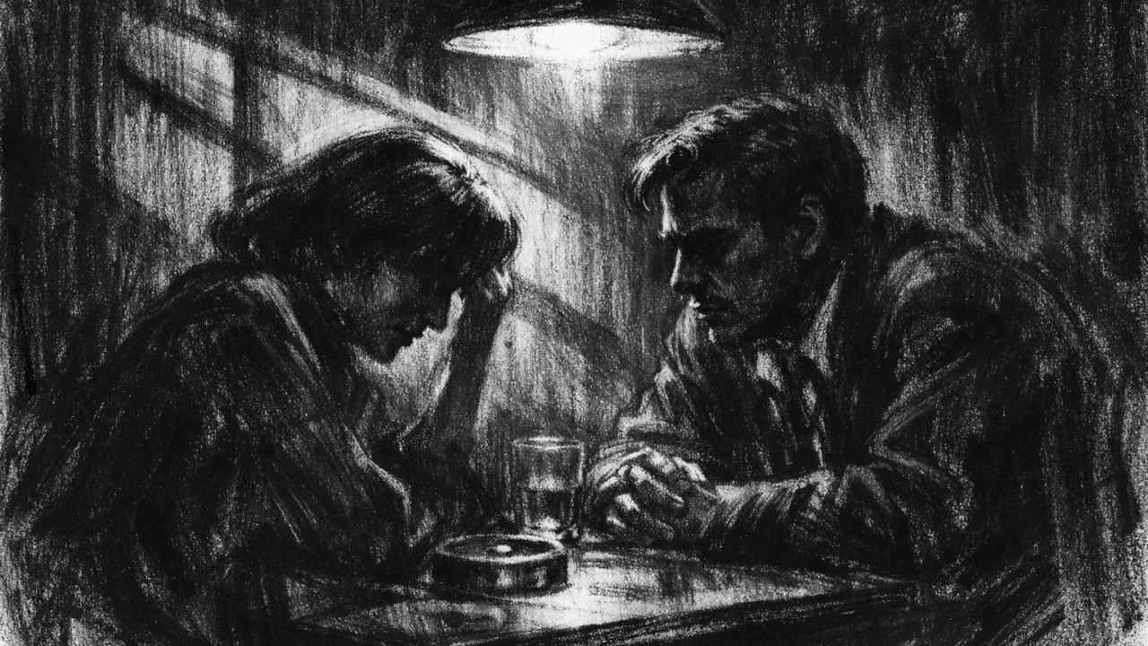 Emocionalna scena u zatvorenom prostoru u charcoal film noir stilu, crno-bijeli kontrasti i teška atmosfera naglašavaju napet razgovor